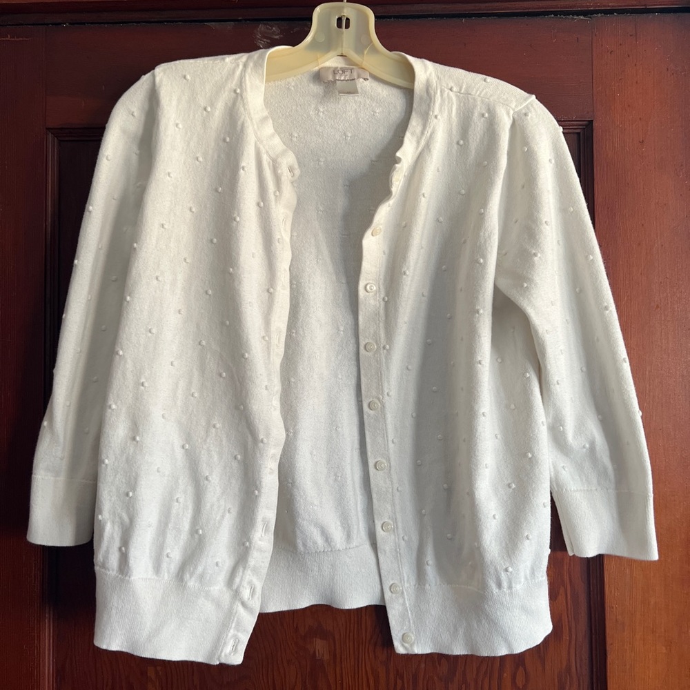 White dotted Loft cardigan